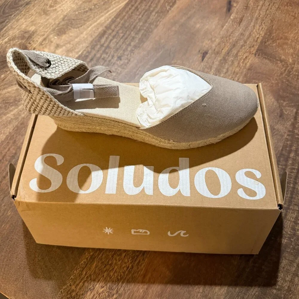 NEW Soludos Taupe Canvas Espadrille Wedge Sandals Ankle Tie Size 11